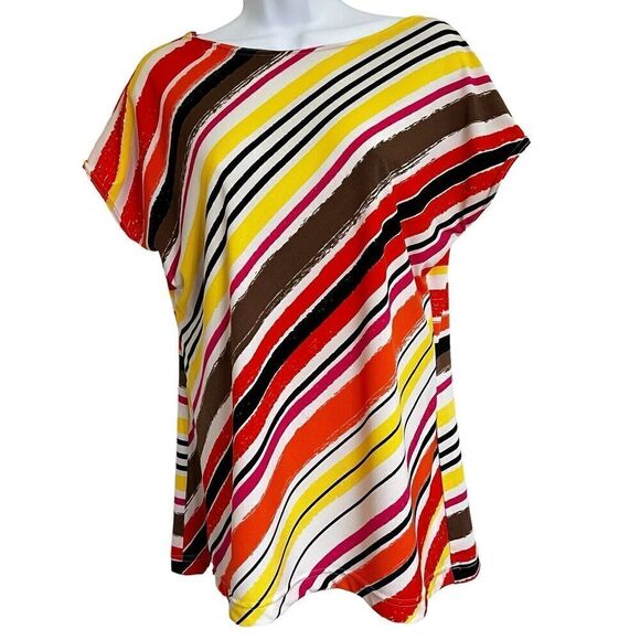 Peck & Peck Striped Pullover Top Boat Neck Cap Drop Shoulder Sleeves Multicolor - Picture 8 of 8